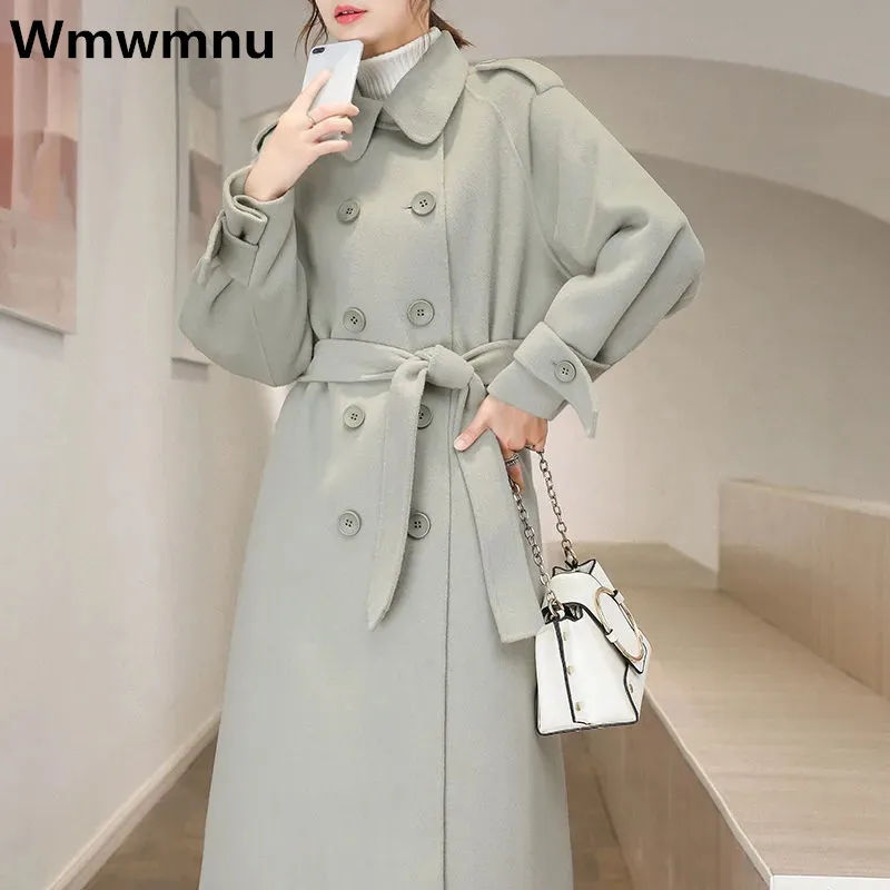 

Women's Elegant Long Wool Blends Coat Winter Thick Casual Belt Solid Jackets Warm Double-breasted Chic Outerwear Ladies 2023 New
