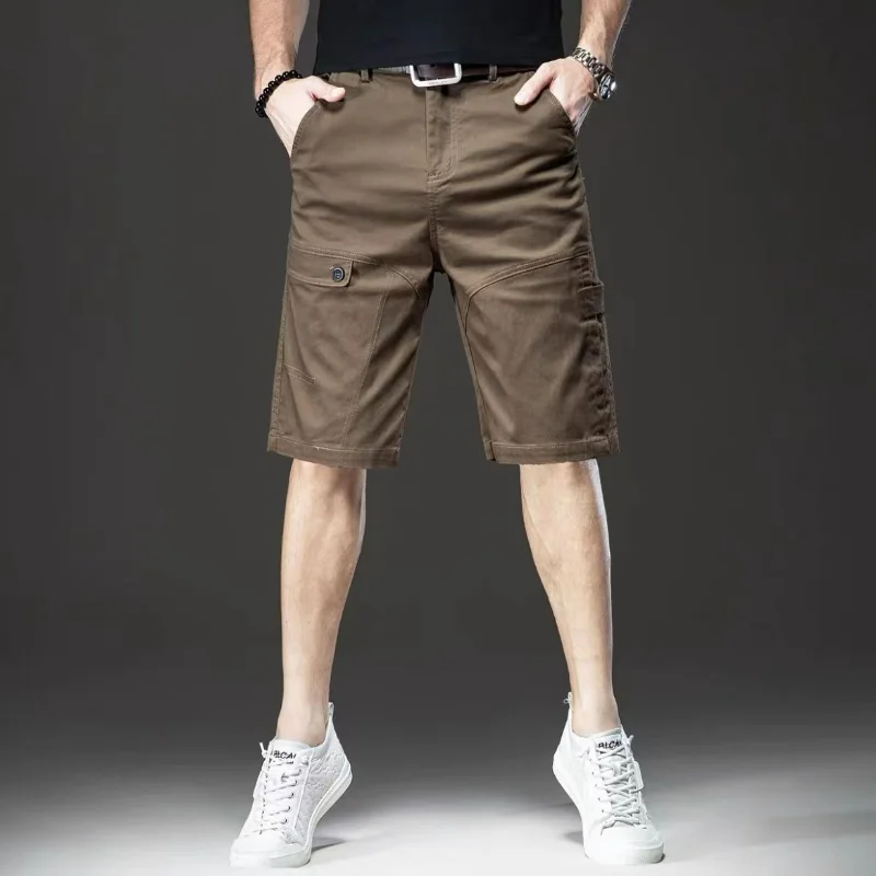Summer New Fashion Trend Cotton Japan Style Wide Leg Shorts Men's Solid Patchwork Button Zipper Pocket Casual Loose Cargo Shorts