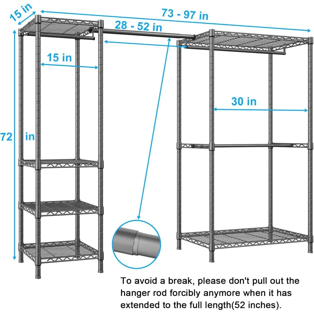 e10 clothes rack（with stretchable hanger rod）freestanding clothing racks for hanging clothes，adjustable closet organizer system