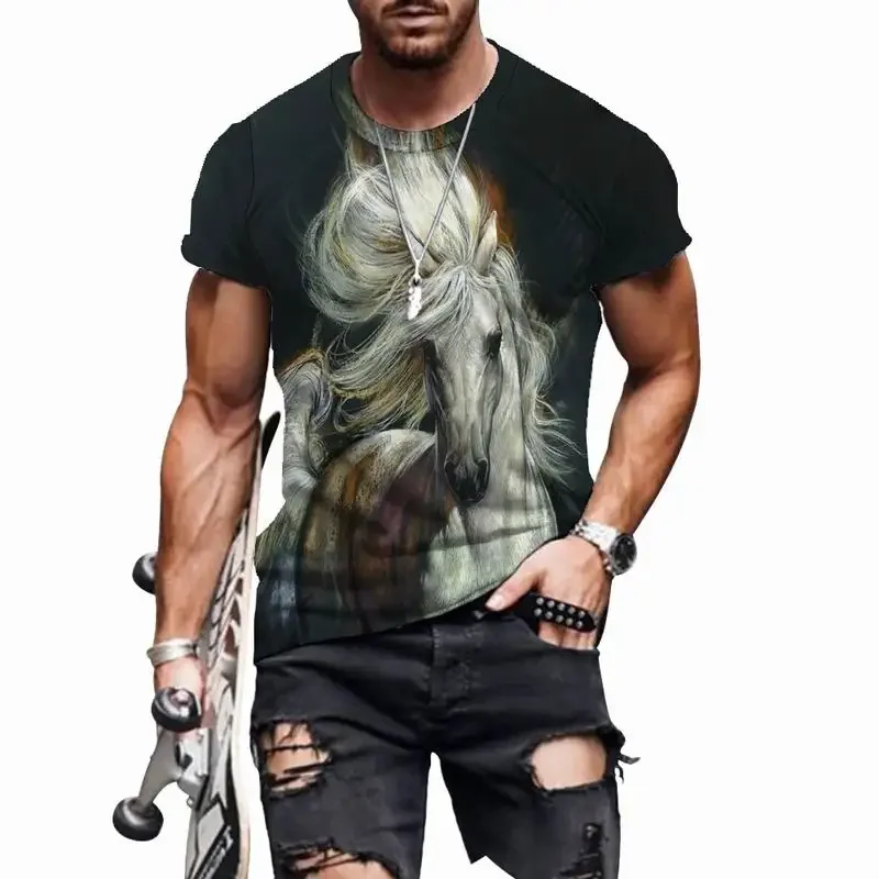 

Animal Horse Men's T-shirts Short Sleeve Breathable Casual O-Neck Harajuku Male Style 3D Print Tees Hip Hop Funny Oversized Cool