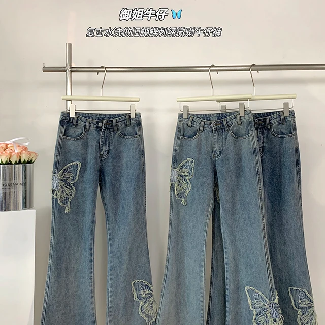 Harajuku Embroidery Denim Flared Pants Jeans Women Long Trousers