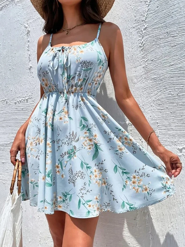 Sc17d8298385340ccb2a4178d967d385db European and American New Summer Elegant Sleeveless Dress Pullover Print Elastic Waist Strap Short Skirt for Women Mallzona