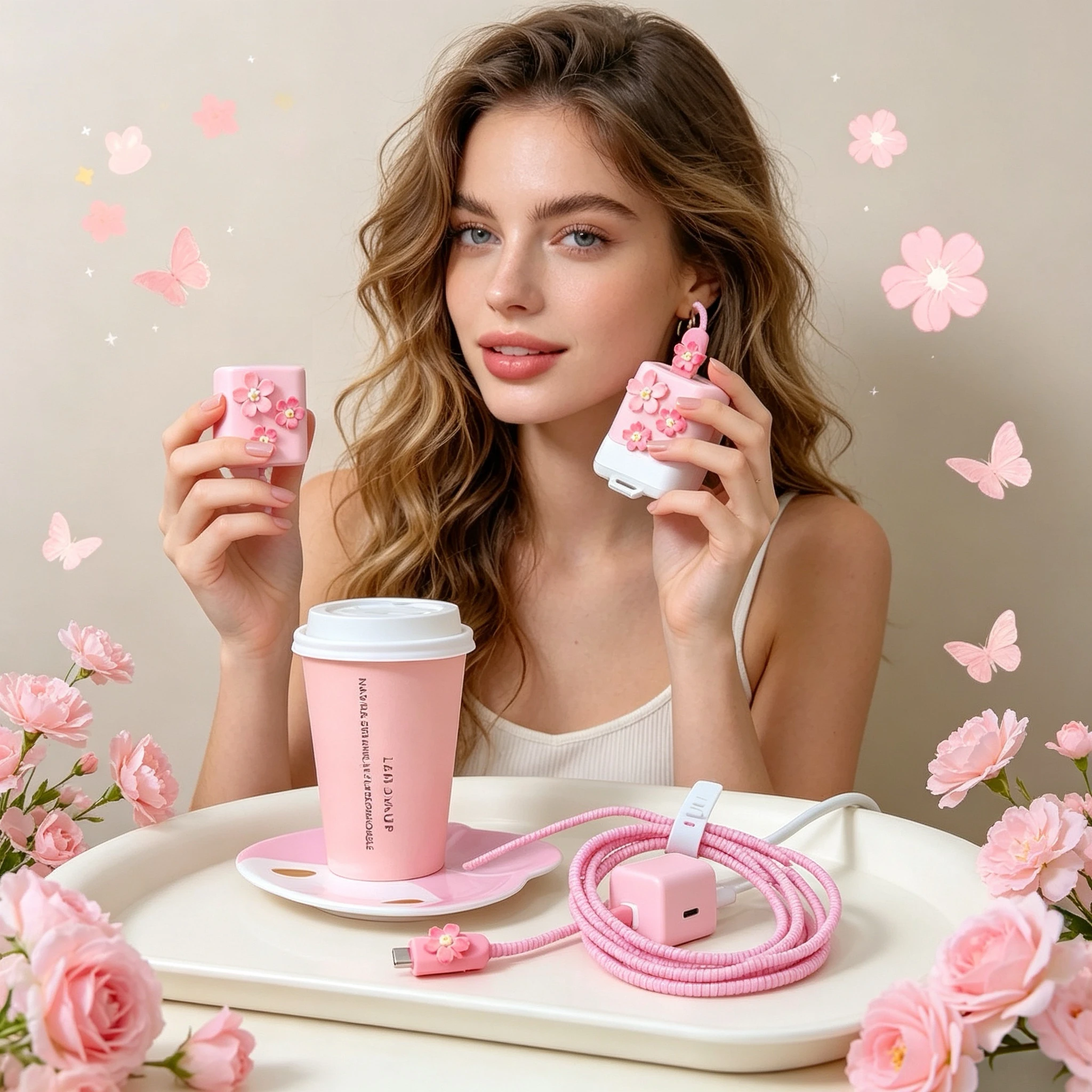 Elegant 3D Pink Flower Charger Protector Sleeve