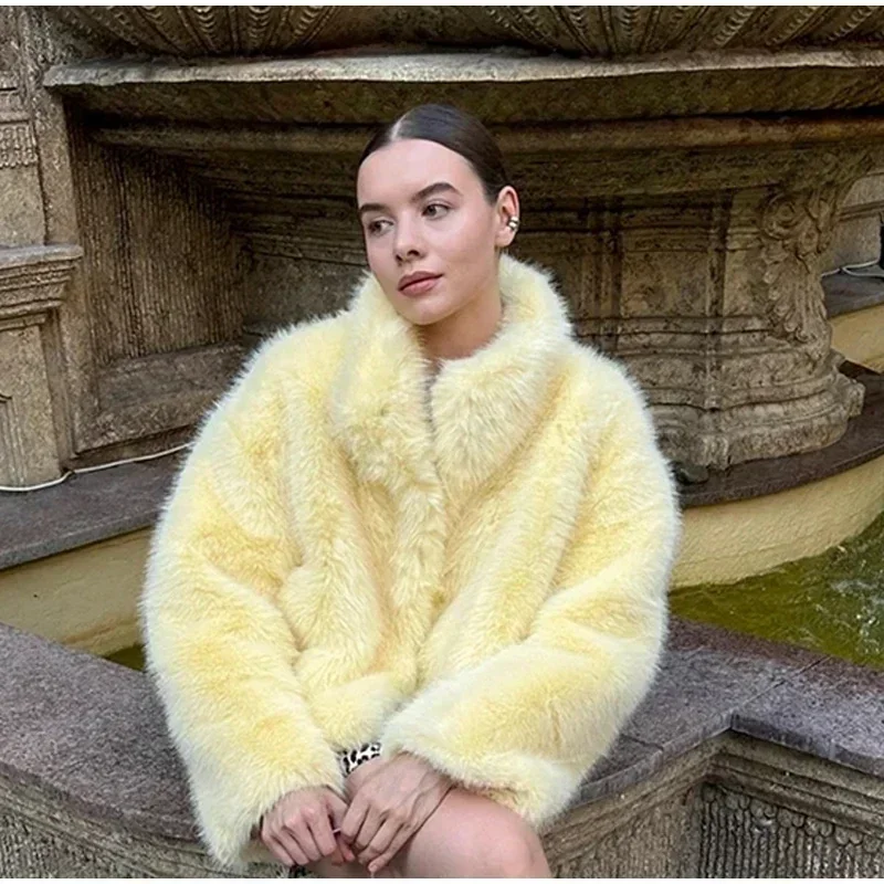 Fashion Faux Fur Jacket Coat Women Warm Fluffy Loose Long Sleeve Lapel Female Overcoat Winter Yellow Lady Street Outwear