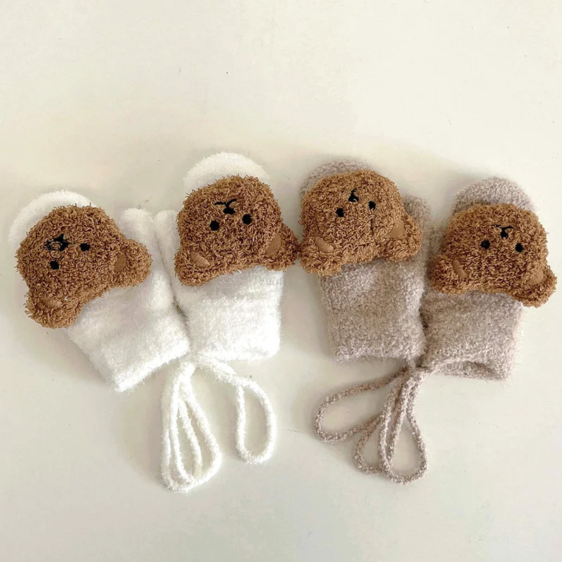 1-4Y Cartoon Bear Baby Wool Mittens Winter Warm Kids Girl Doll Gloves Knitted Children Toddler Thick Teething Mittens