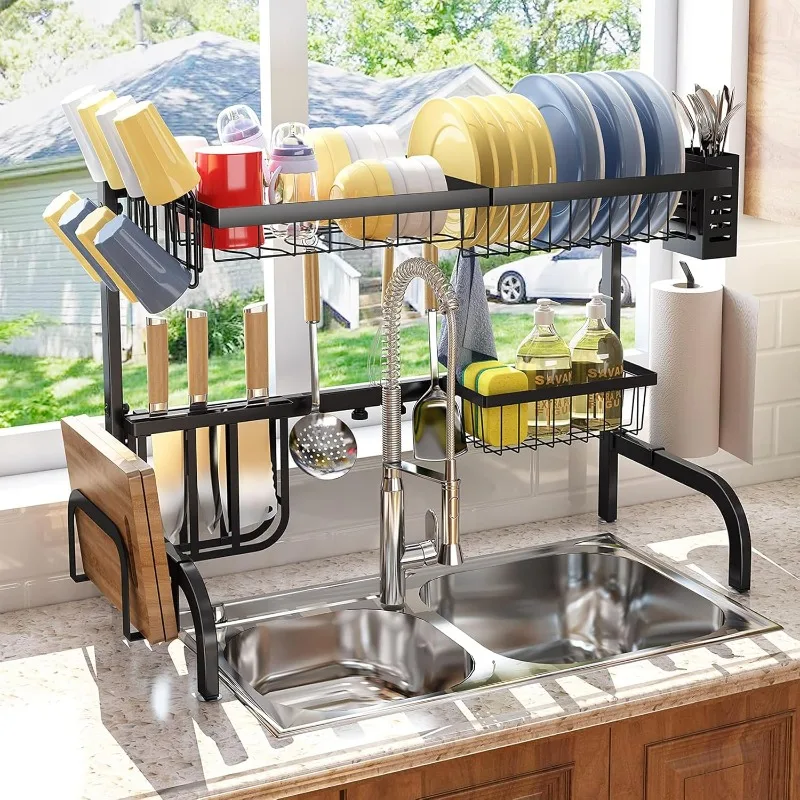 Over The Sink Dish Drying Rack, Adjustable (25.5 to 33.5 inch) 2 Tier Metal Steel Dish Drying Racks 2