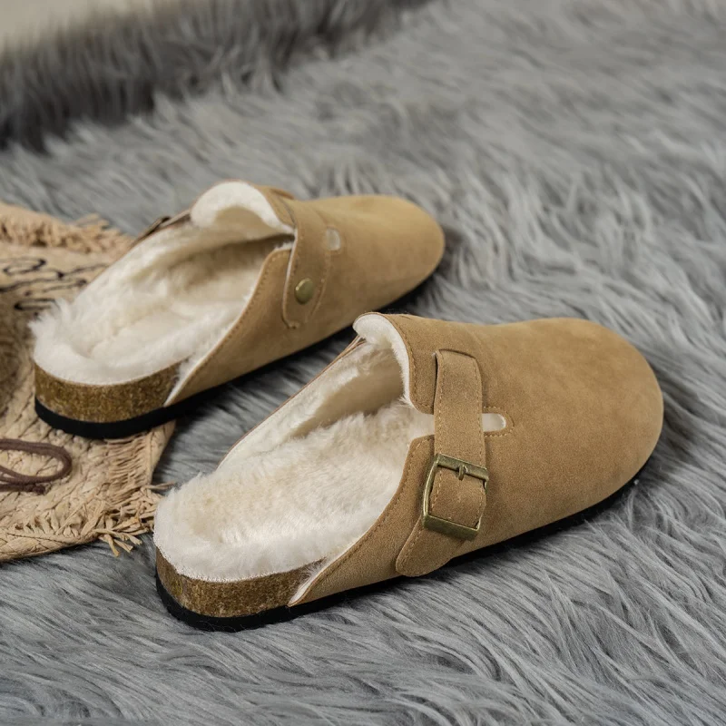 Comwarm Fur Lined Clogs for Women Men Winter Fuzzy Cork Slippers Fur Cork Mules Short Plush House Cork Shoes Winter Zuecos Mujer