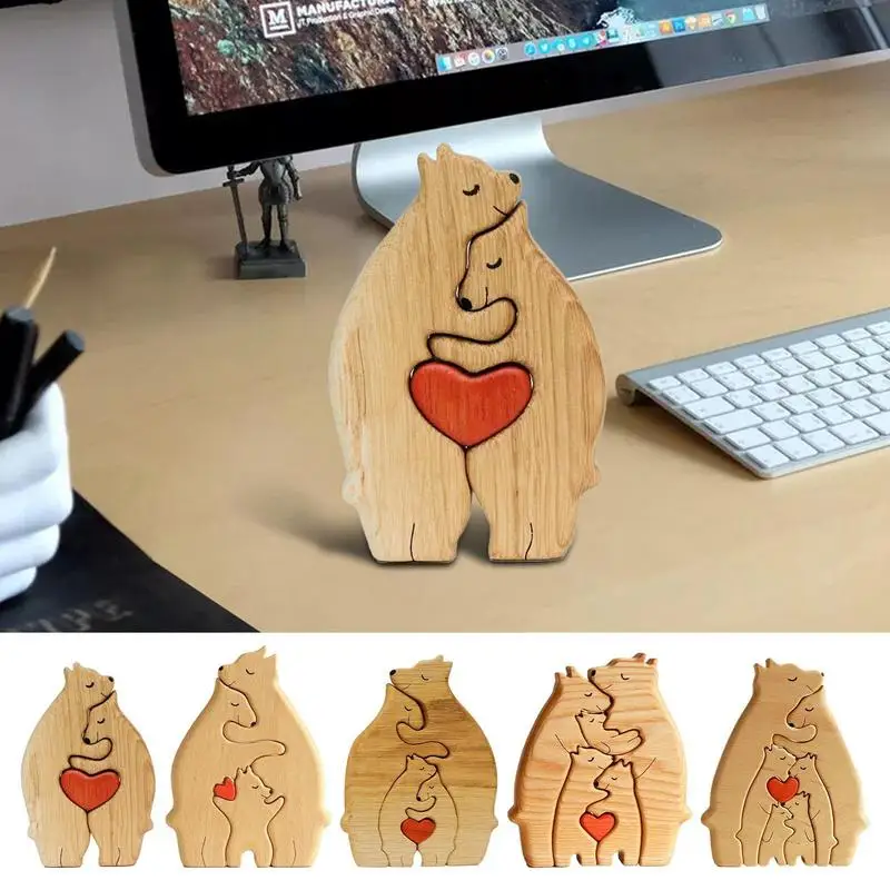 

Wooden Family Puzzle Bears Wooden Animal Decoration Solid Wood Animal Family Statue Heart Puzzle Desktop Ornament supplies