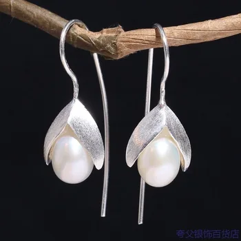 New Fashion Temperament Handmade Flower 925 Sterling Silver Jewelry Ear Hook Natural Drawing Pearl Elegance Earrings  E108