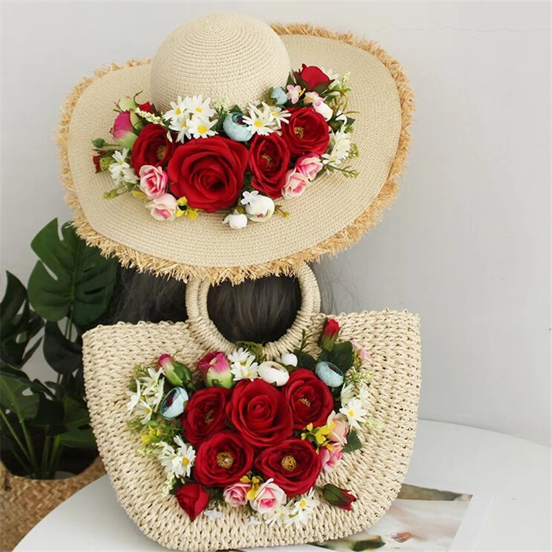 Bolso de paja con flores hecho a mano mujer, bolsa de playa de capacidad, tejido sombrero para el sol, nuevo diseño, - AliExpress
