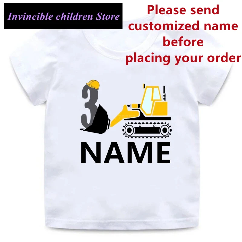 Name T shirt Cartoon Excavator Birthday Number 1-9 Boys T-shirt Baby Girls Tops Funny Present Kids Clothes Gift children t shirt