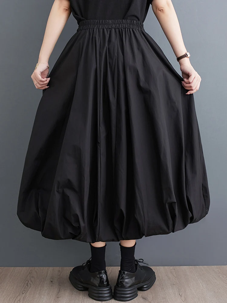 Black Vintage High Waist Pleated Skirt Women Fashion Pocket Loose Casual Bilayer Long Skirts Clothes New Spring Summer 2025