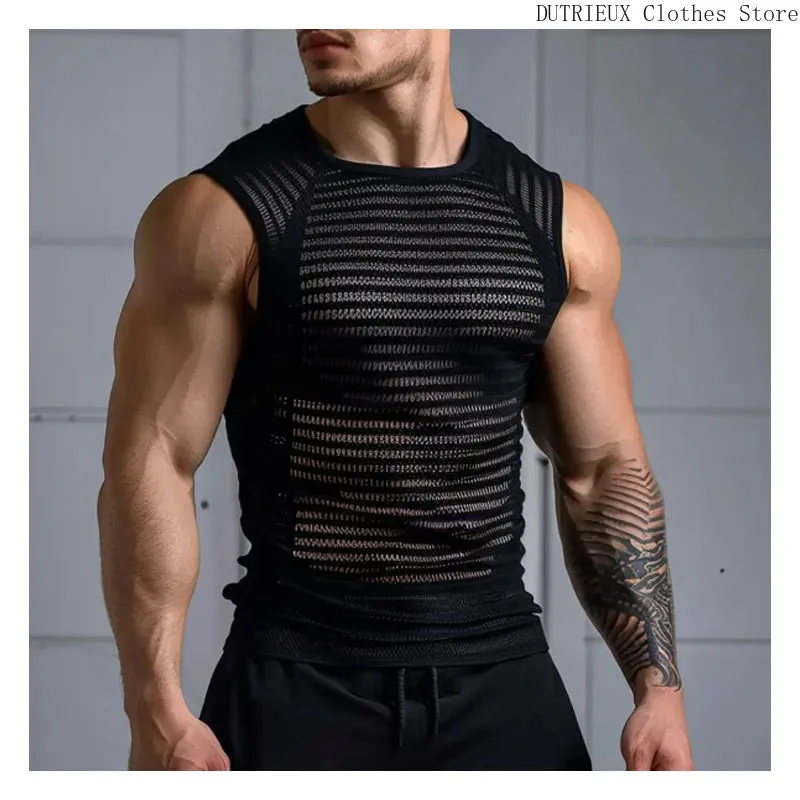 Elastic Slim Men Fitness Pants Short Sexy Hollow Vest Soft Comfortable Breathable Fitness Sports