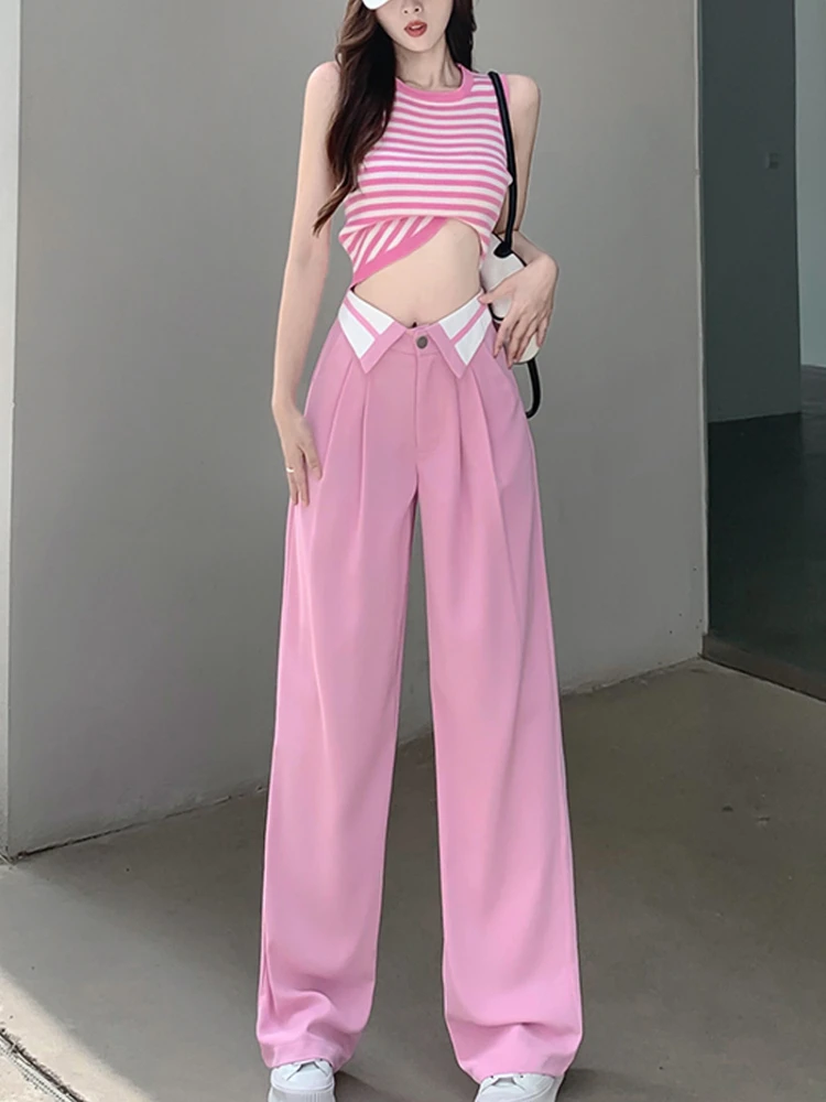 

Pink Casual Suit Straight Pants Womens Loose Wide Leg Solid Trousers Streetwear Oversize Work Bottoms Korean Fashion 2022 Autumn