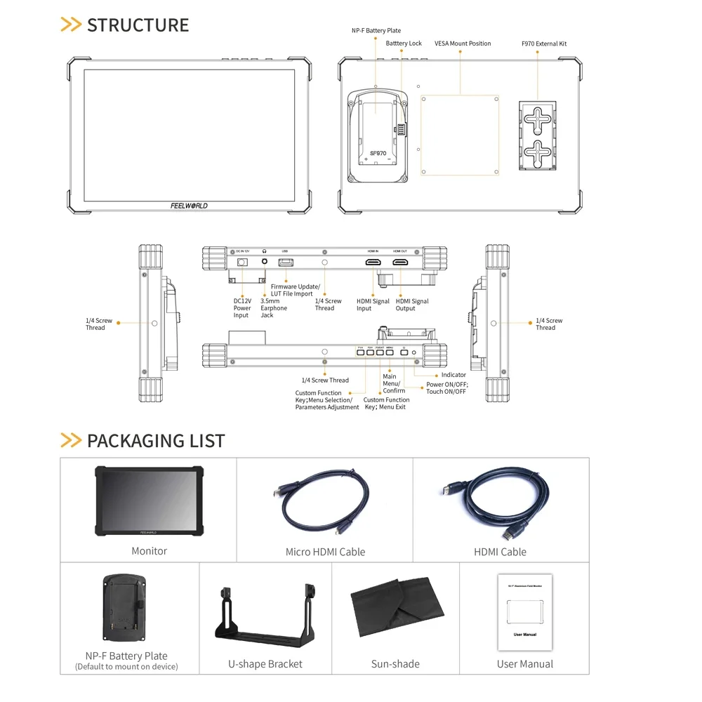 FEELWORLD T10 10.1 Inch Aluminium DSLR Camera Field Monitor Touch Screen 4K NP-F External Install and Power Kit