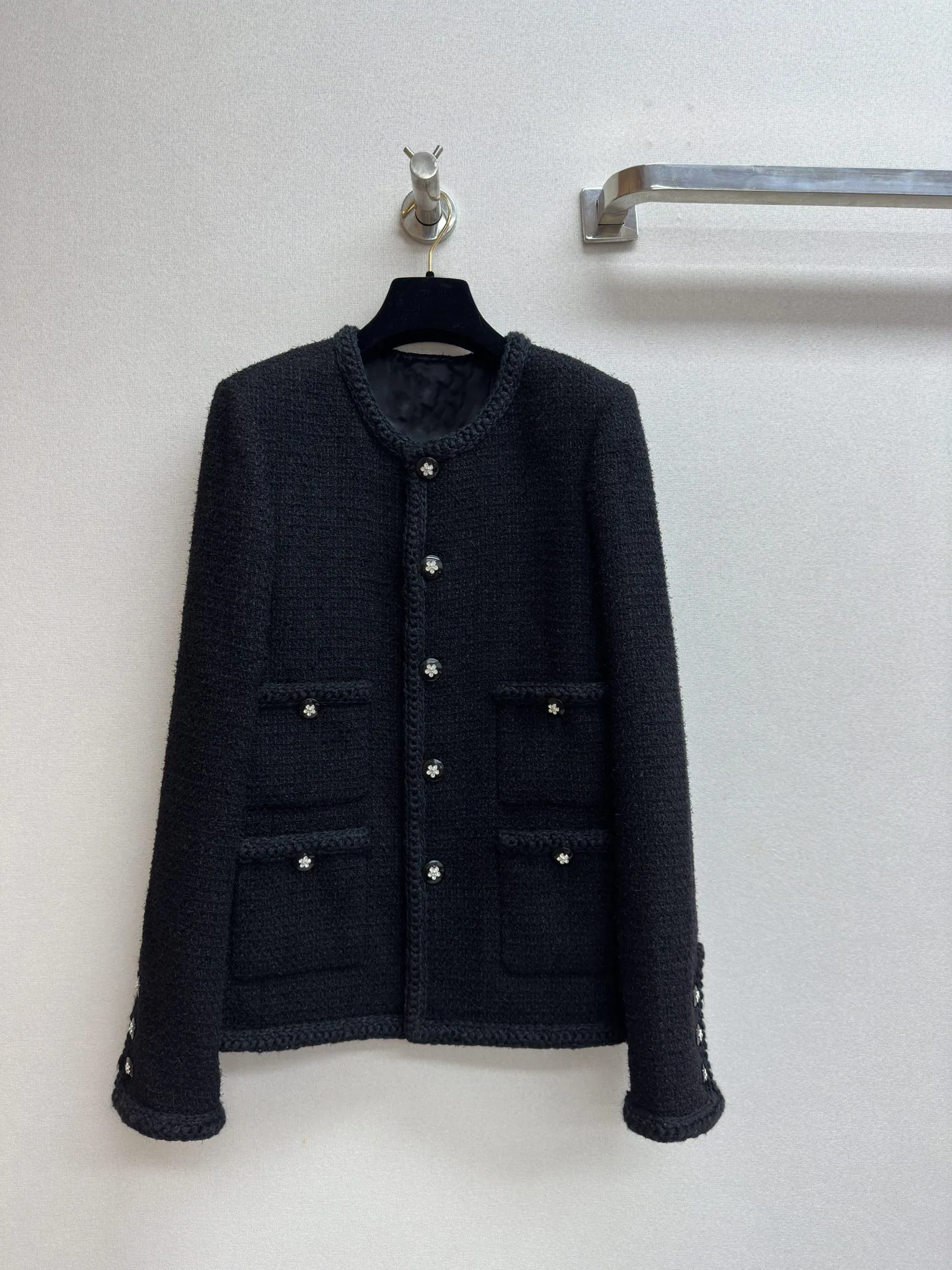 

2023 Autumn Fashion Women Elegant Black O-neck Tweed Coat F278