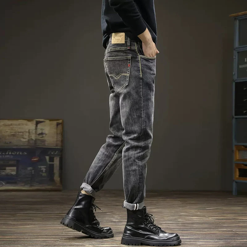 Fashion Designer Men Jeans Retro Black Gray Elastic Slim Fit Ripped Jeans Men Cotton Trousers Vintage Casual Denim Pants Hombre