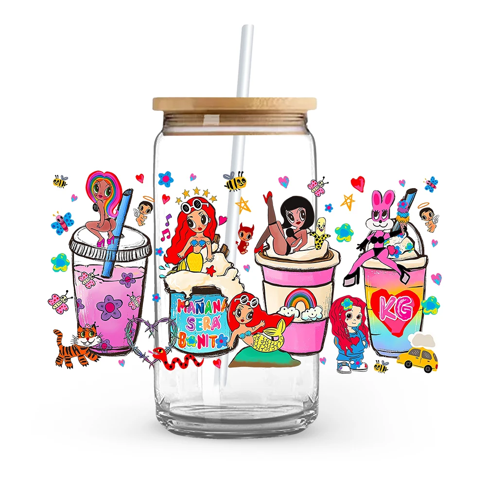Glass Cup Film KAROL G Cartoon Mermaid Princess Graffiti 16oz DTF Printing Supplies Printable Self-adhesive Waterproof
