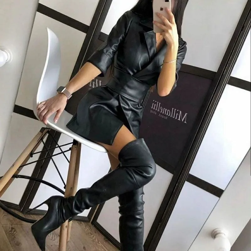 Elegant Leather Women's Dress Sexy V Neck Leather Mid Length PU Leather Waist Closure Dresses Trend Turn Down Dress With Belt
