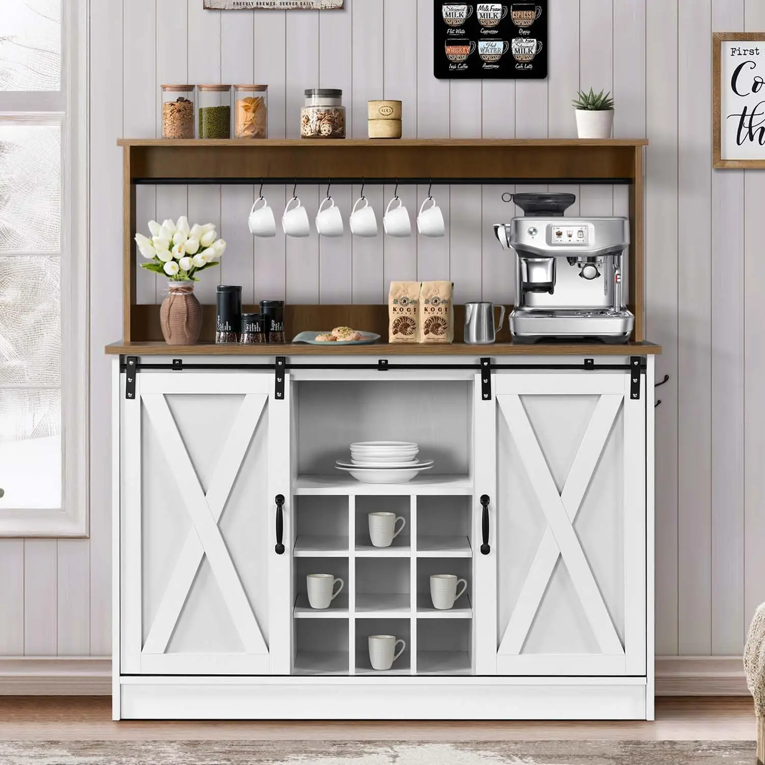

Farmhouse Coffee Bar Cabinet with 6 Hooks, Kitchen Coffee Bar Cabinet with Sliding Barn Doors with Storage for Dining Room