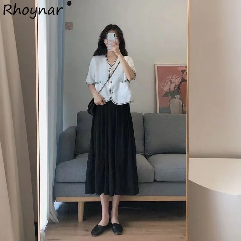 

Sets Women Short Sleeve Outfits Pockets Cropped Shirts Pleated Skirts Mid-calf Empire All-match Summer Casual Design Aesthetic