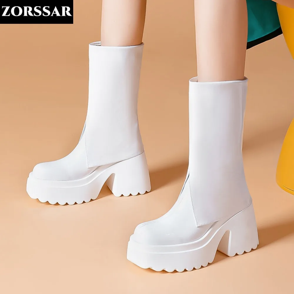 

Women Super High Heels Boots Female Real Leather Fashion Modern Style Thick Soled Winter Cotton Shoes Chunky Heel Mid Calf Boots