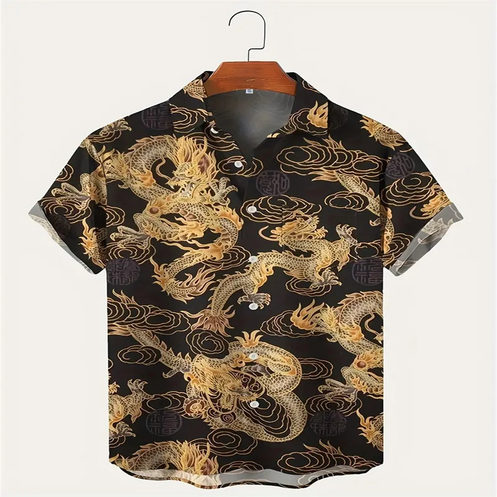 Camisa de botones con estampado de elemento de dragón dorado Vintage para hombre, camisa de botones de Boutique informal, camisa de moda para hombre, verano, nuevo