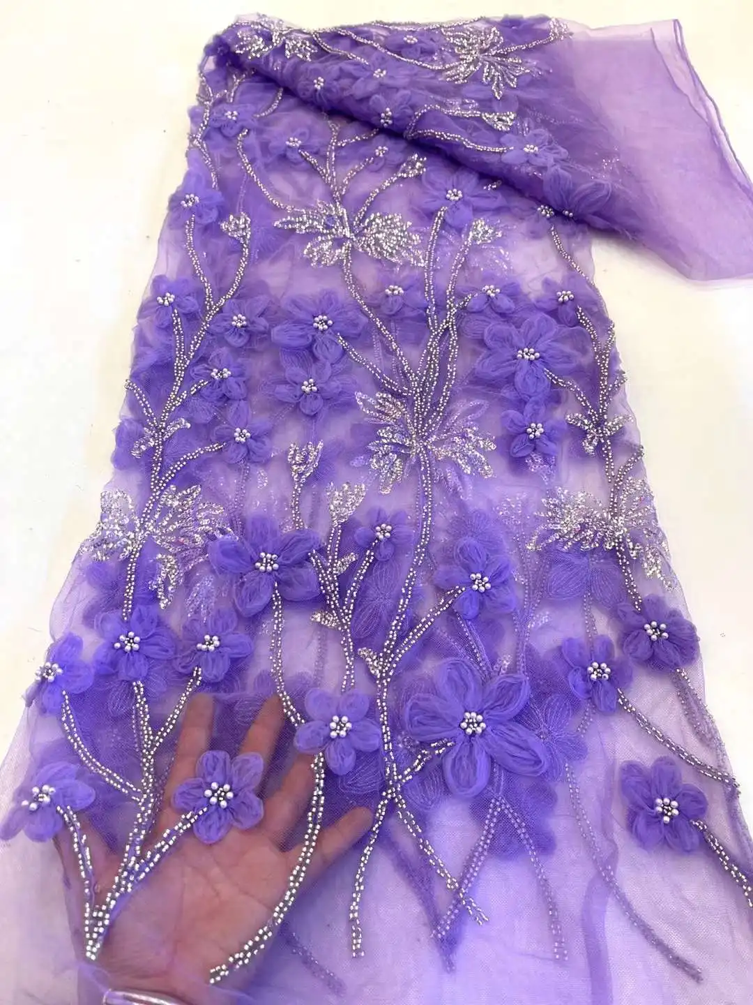 

Purple Lace Beaded Lace Fabric Luxury Bridal French Net Tulle Embroidery Fabric for Wedding African Lace Material Fabric 5 Yards