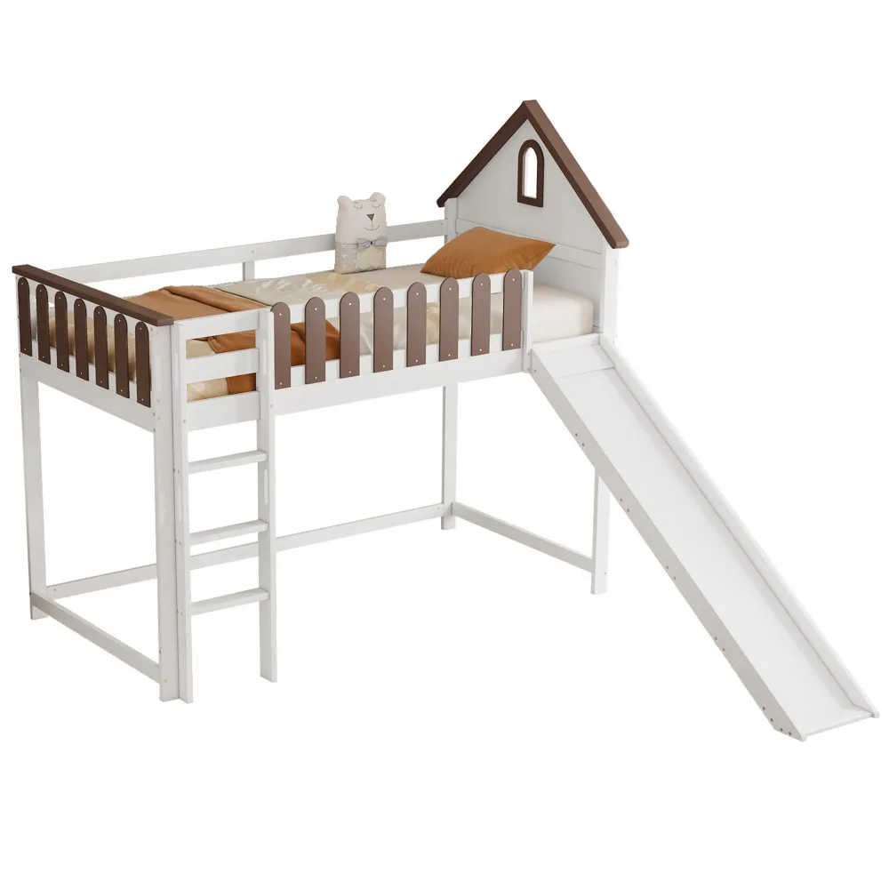 90x200cm Hochbett, mit Dach und Fenster, mit dreistufiger gerader Leiter, Jugendbett, Kinderbett mit Rutsche, Weiß+Walnuss – Detail 14