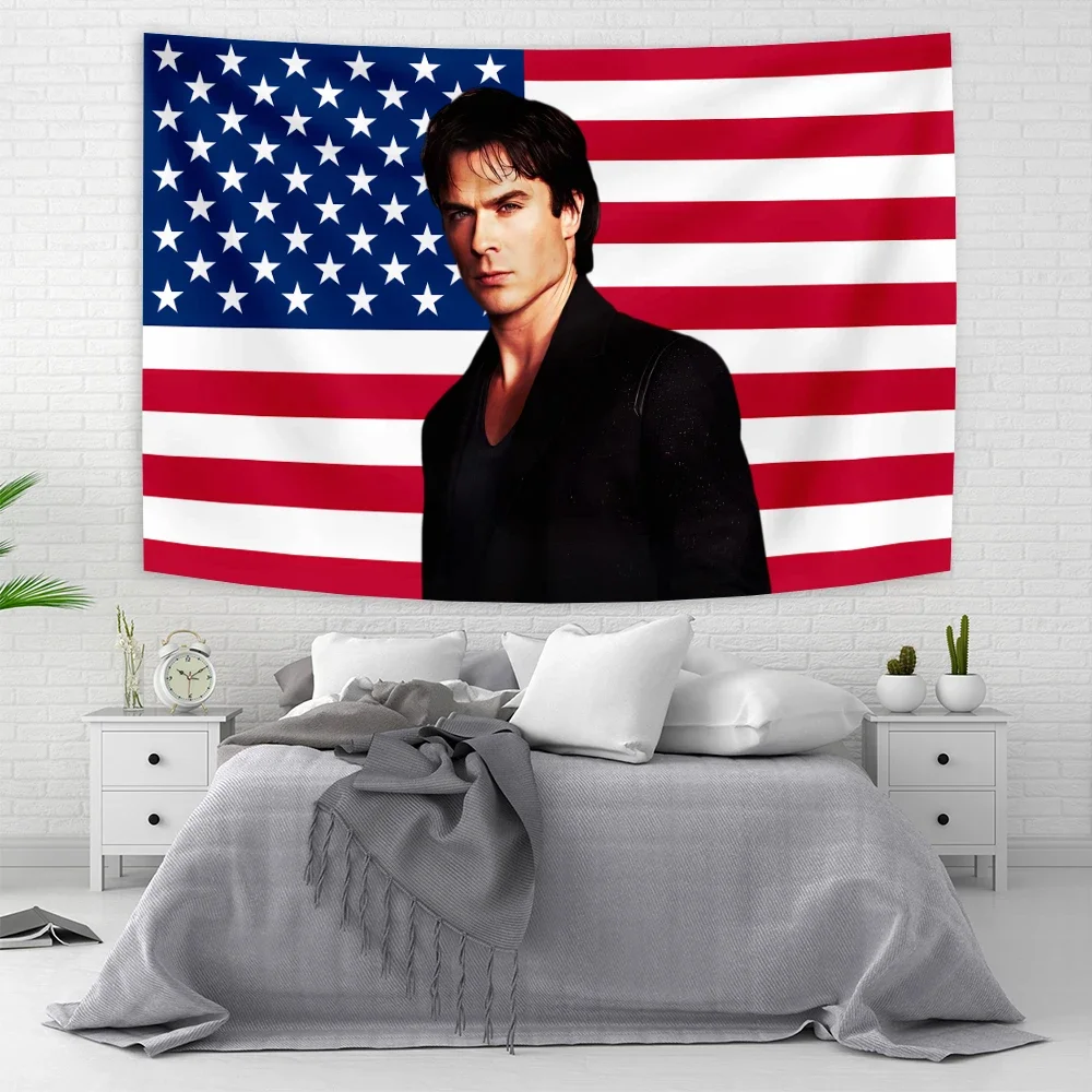 Ian Somerhalder American Flag Vampire Diaries Poster Damon Salvatorea Tapestrys Aesthetic Bedroom tapestry house decoration tapestry decorations
