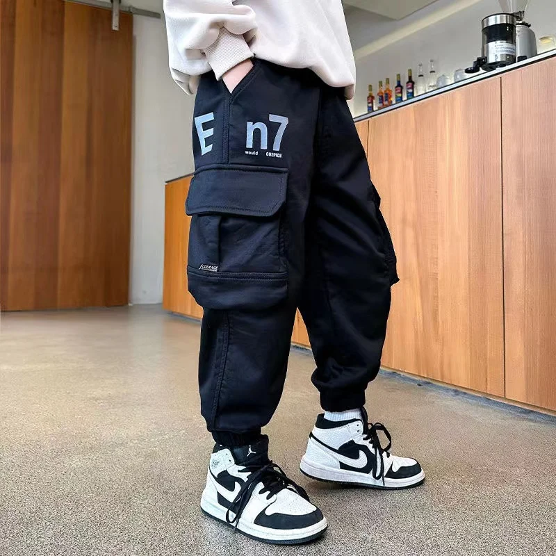 Boys Pocket Cargo Pants Winter Warm Fleece Longchildren's Warm Casual Trousers Christmas Gifts For Boys Loose-fitting Trousers