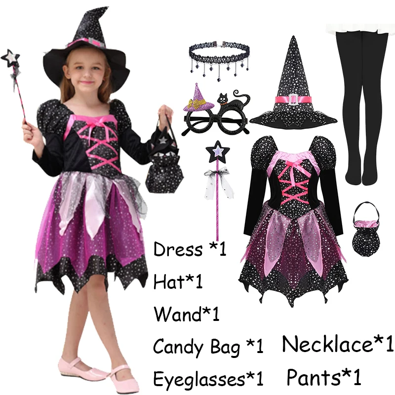 HERMORRYSS Disfraz De Bruja Niña, Traje Bruja Niña, Disfraces Halloween Niñas Con Accesorios De Sombrero Y Varita, Morado Disfraz Para Halloween, Carnaval, Cumpleaños, Navidad Y Cosplay Fiesta