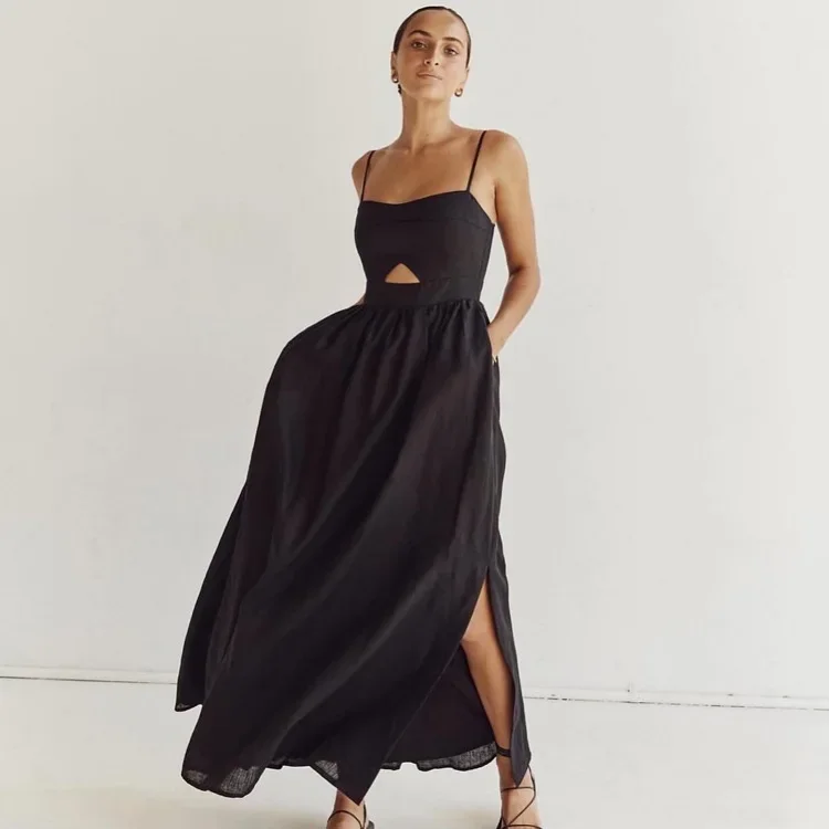 Strap type long temperament mid-length French solid color high waist v-neck stitching long dress