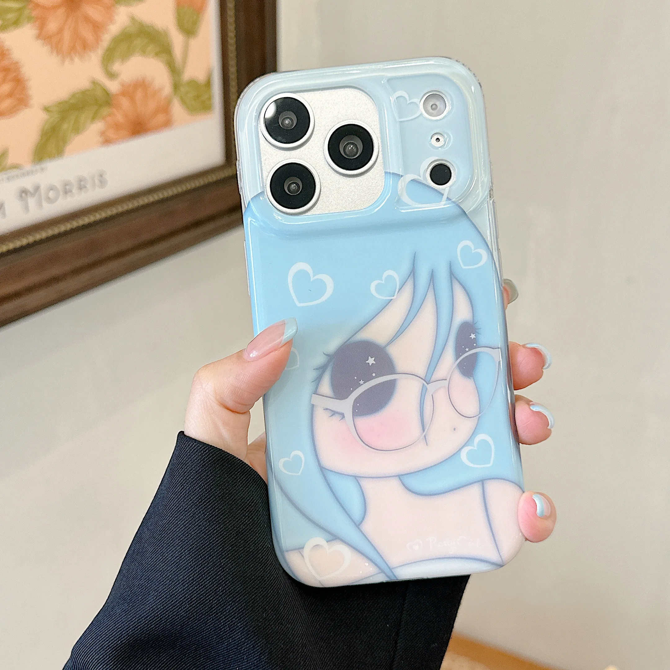 Kawaii Blue Hair Anime Girl Phone Case - Soft Cartoon Character Design with Glasses, Perfect Gift