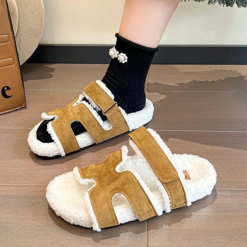 

Womens Slippers Sheep Autumn Winter Lamb Plush Leather Beach Flip Flops Flat with Casual All-match Fashion Online Celebrity Shoe