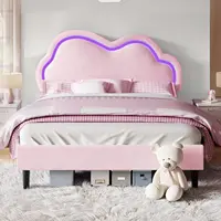 Full Bed Frame for Girls with Adjustable Cloud Headboard, Velvet Upholstered & RGB Lights, 7.1" Underbed Storage, Customized