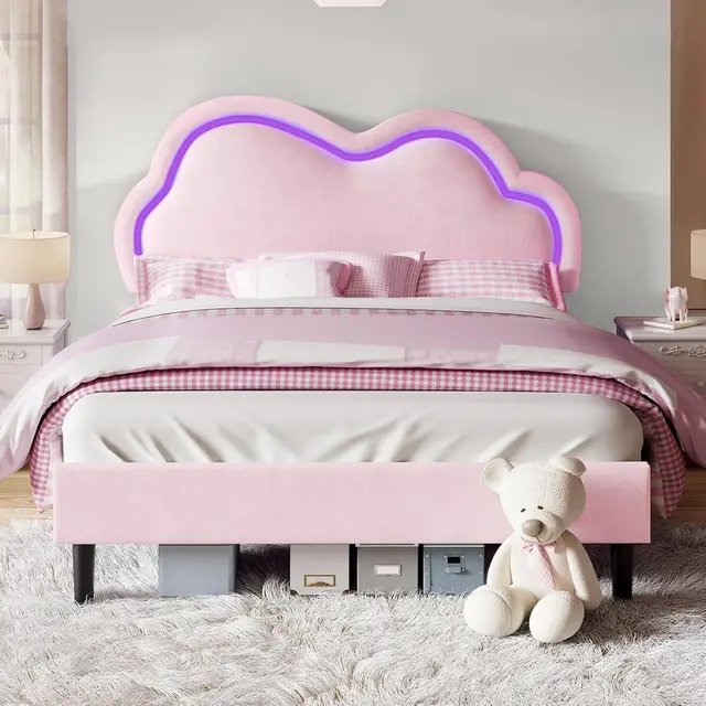 Full Bed Frame for Girls with Adjustable Cloud Headboard, Velvet Upholstered & RGB Lights, 7.1" Underbed Storage, Customized