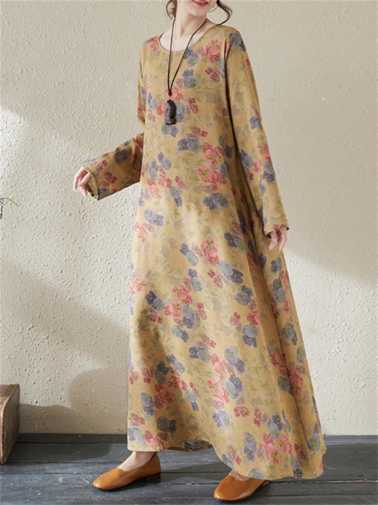 2025 Spring Autumn Cotton Vintage Long Sleeve Print Dresses For Women Casual Loose Dress Femme Robe Vestidos Elegant Clothing