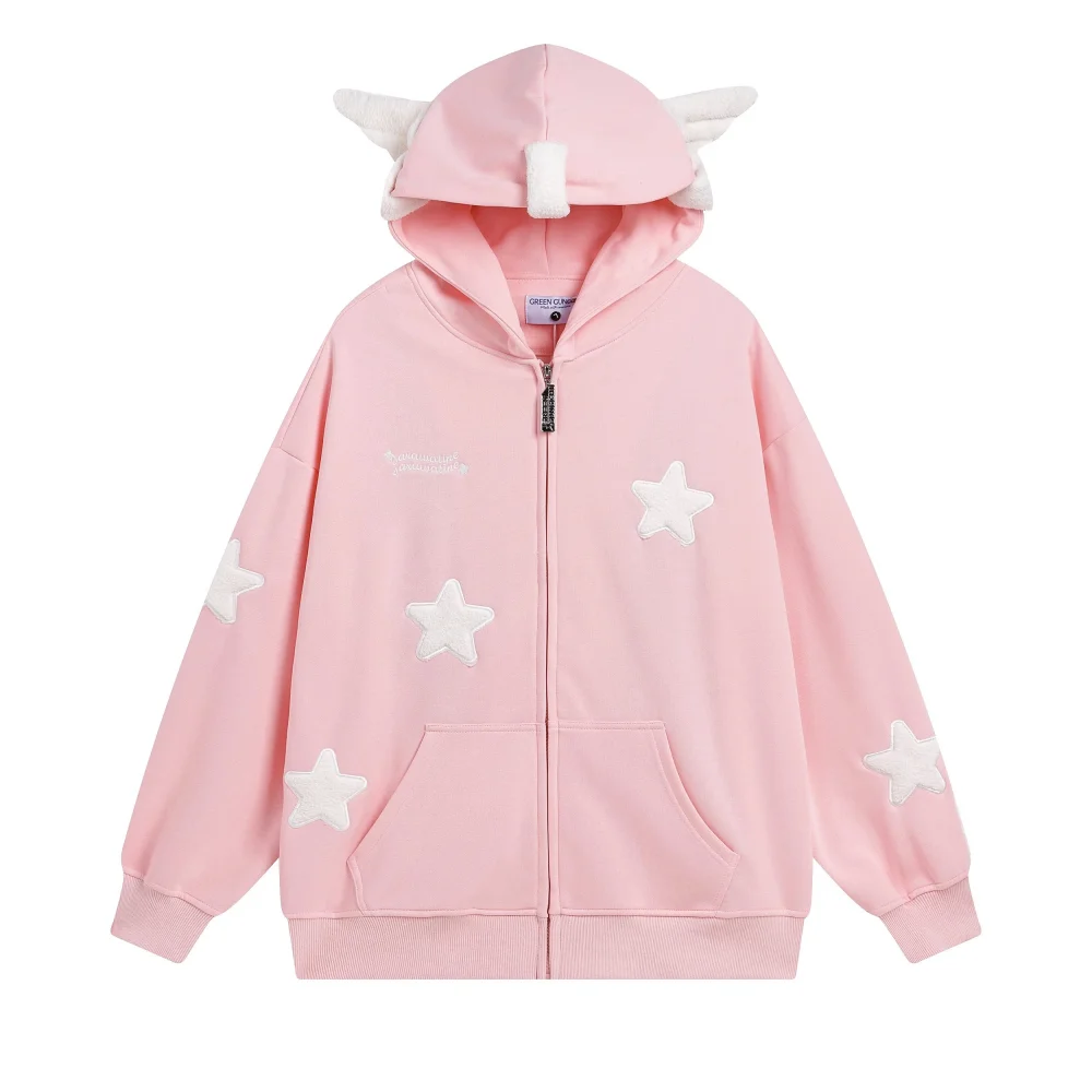 thumbnail image 1 of Sudadera con capucha holgada de ala japonesa Kawaii para mujer, cárdigan de manga larga con cremallera y Estrella, abrigo de gran tamaño Y2K, dulce y lindo, otoño, 1 of 3