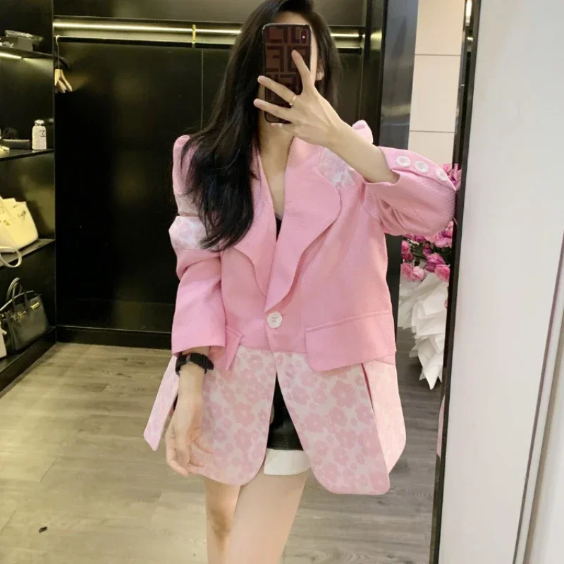 Women's Stylish Suit Coat, Single Button, Minimalist and Commuter Style, Korean Version, Splicing and Regular Style, Long Sleeve
