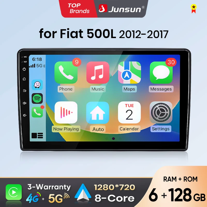 Junsun Android Auto Car Radio For Fiat 500L Multimedia Wireless Apple CarPlay Smart Intelligent Systems IPS Touch Screen Stereo Video Player 2 Din Autoradio Head Unit Navigation BT GPS 4G WIFI FM AM DSP RDS SWC