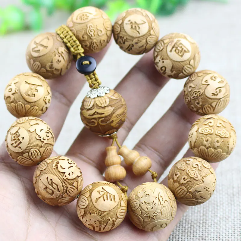 20MM Natural Thuja Cypress Wooden Creative Full Carved Buddha Beads Bracelet Dragon phoenix - Image 2