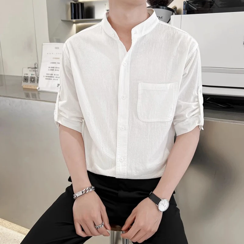 

Рубашка мужская оверсайз с воротником-стойкой, блуза из хлопка и льна, с коротким рукавом, в винтажном стиле, 5XL-M