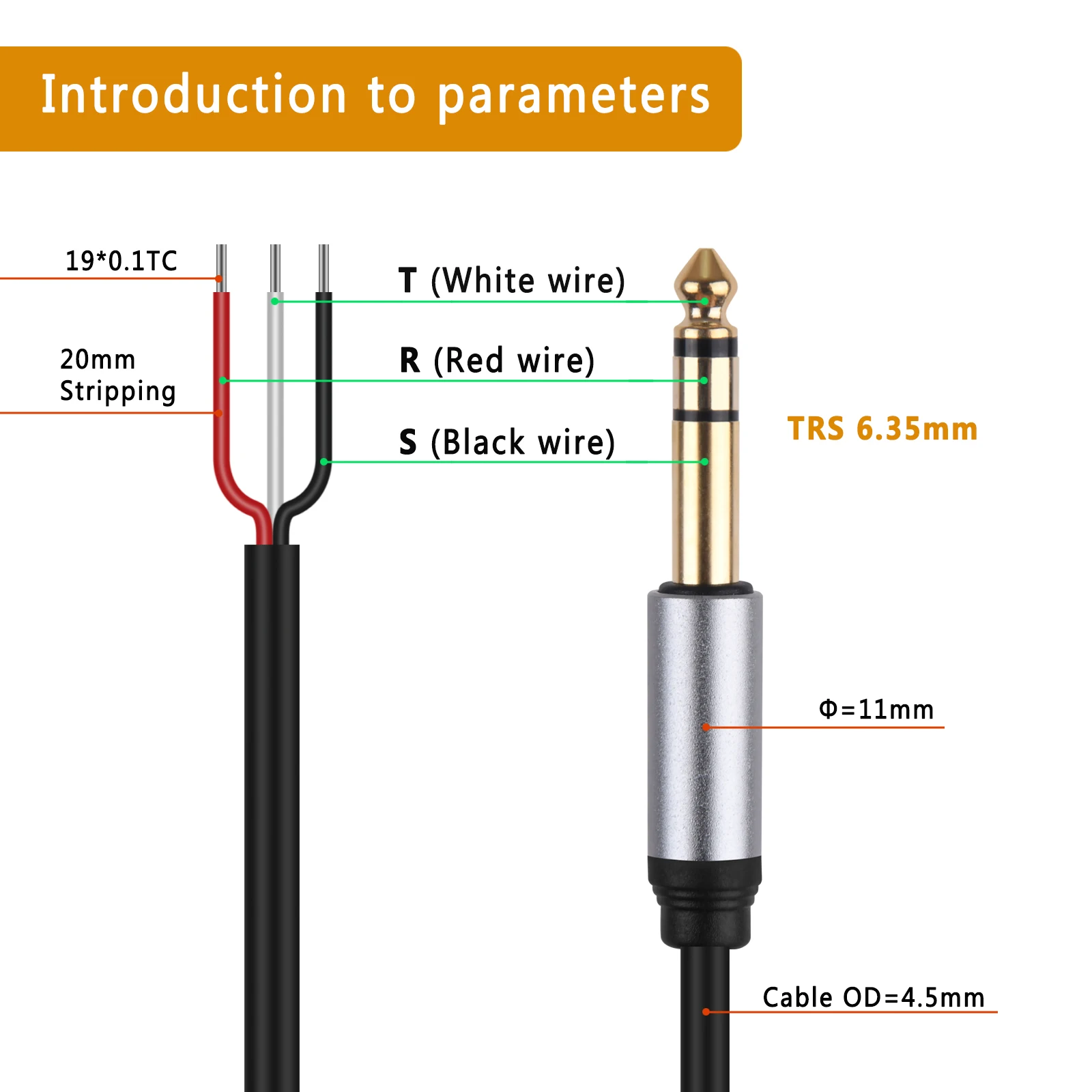 6.35mmから6.35mmステレオオーディオケーブル、FIBBR ストレート 1/4インチTSオーディオギター用プラグイン、ナイロン編み上 ギターオーディオケーブル 6.5mm から 6.5mm オーディオケーブル