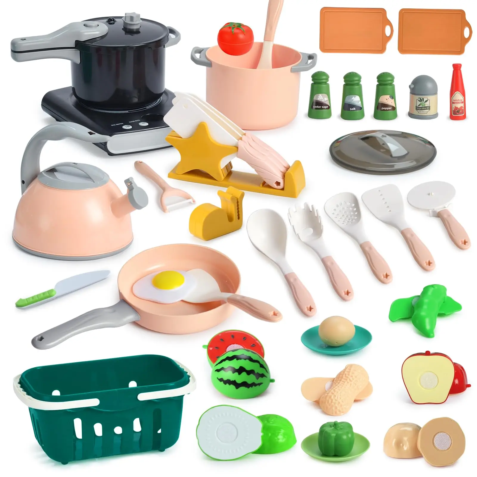 Kids Play Food Set Toy with Pots Pans and Cookware Utensils,Cooking Cutting Learning Gift for Girls Boys