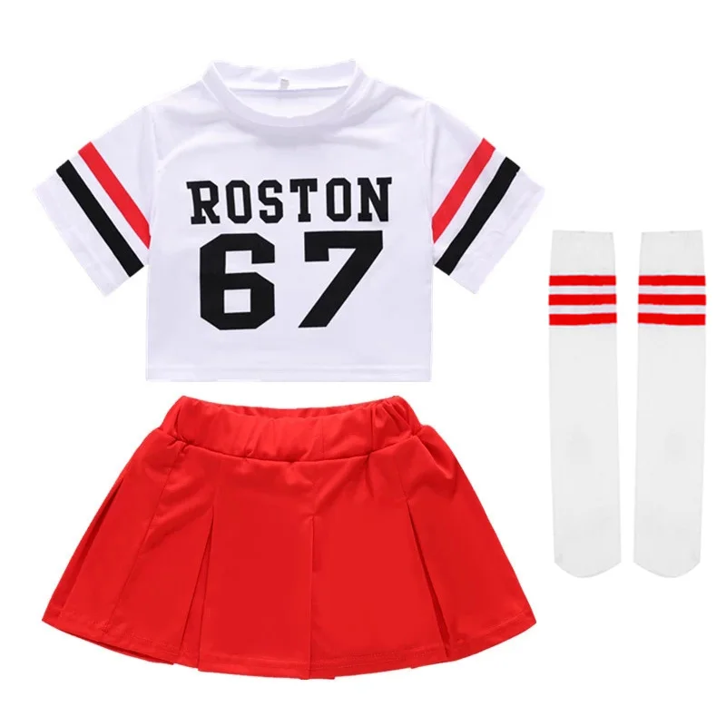 Girls Red Cheerleader Costume Kids Pleated Skirt Set Dance Show Stage Performance Children Competition Cheer School Team Uniform