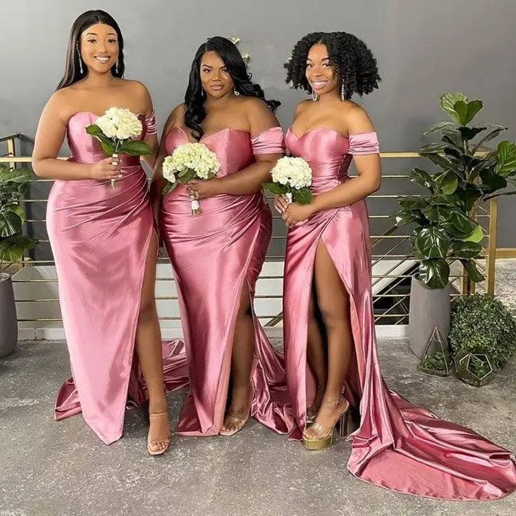 

Pink Bridesmaid Dresses Sweetheart Sleeveless Satin Mermaid Wedding Sweep Train Party Bridesmaid Gowns With Zipper Back
