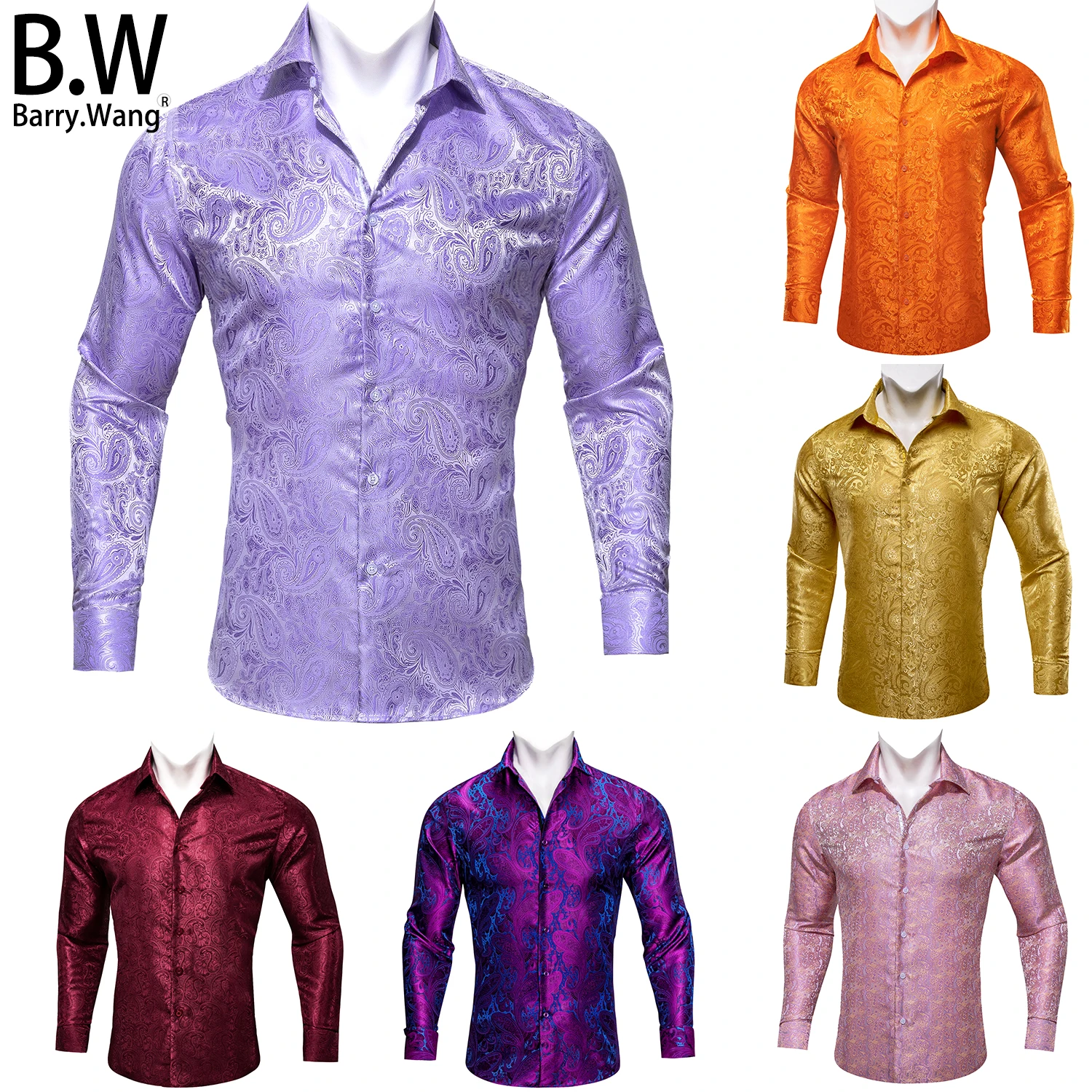 Stylish Silk Mens Shirts Jacquard Paisley Long Sleeves Formal Casual 26 Colours Male Blouses Wedding Business Prom Barry.Wang hi tie short sleeves mens shirts pink jacquard silk paisley spring summer hawaiian shirt male wedding business high quality gift