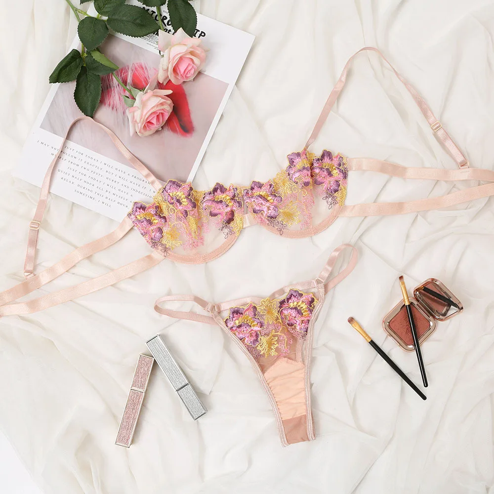Sexy Lingerie Set Erotic Thong Push-up Bra Women's Underwear Set Panty Bra Sexy Lace Embroidery Lingerie Transparent