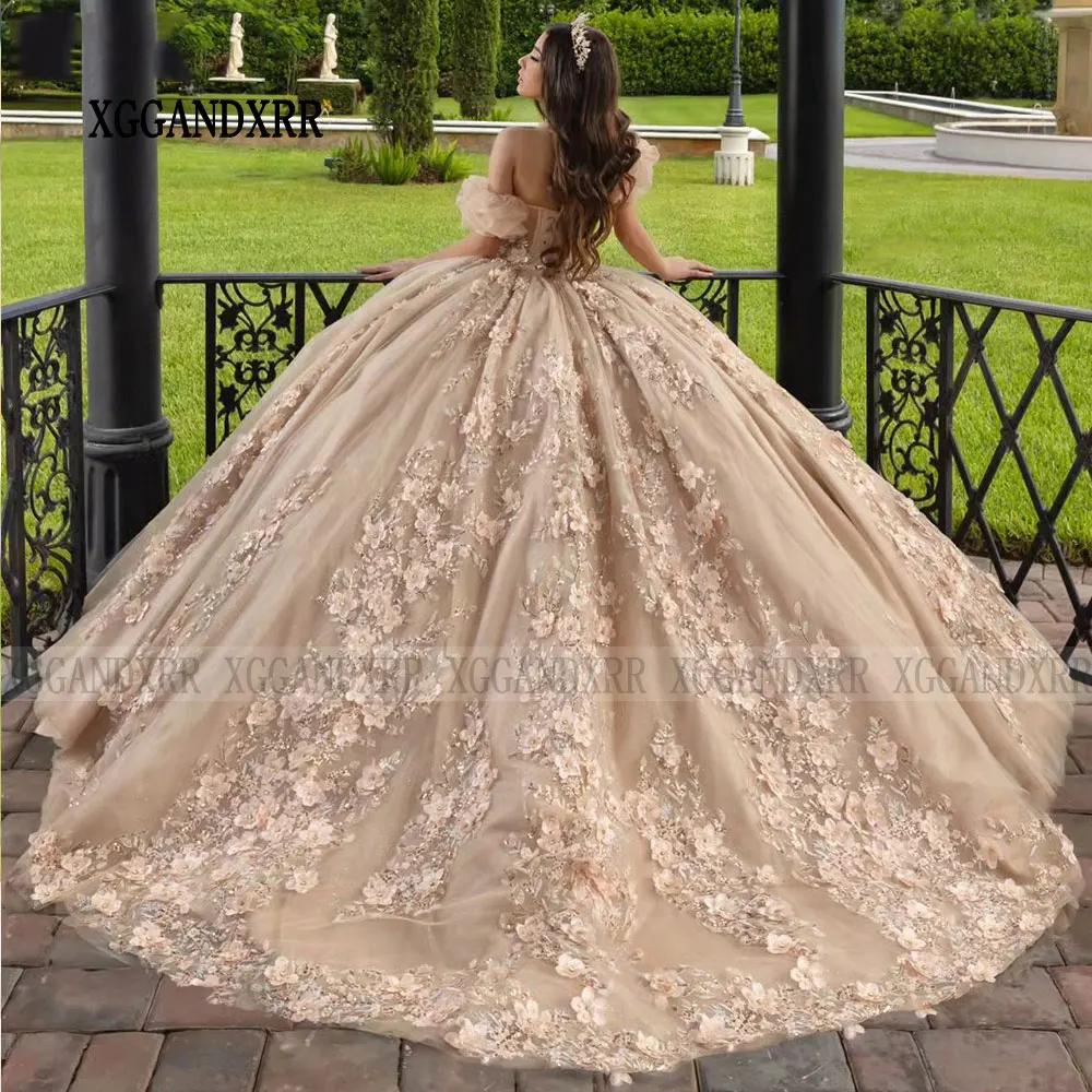 

Champagne Detachable Sleeve Crystal Beading Ball Gown Quinceanera Dresses 3D Flowers Appliques Lace Corset Vestidos De 15 Años